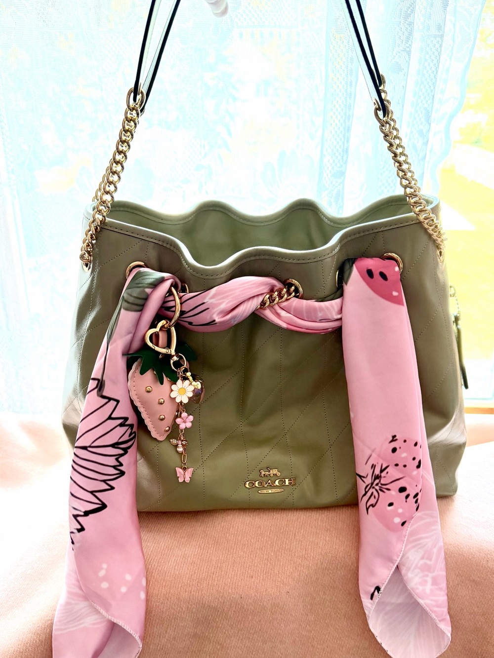 Coach Quilted Leather Shoulder Tote in pistachio.